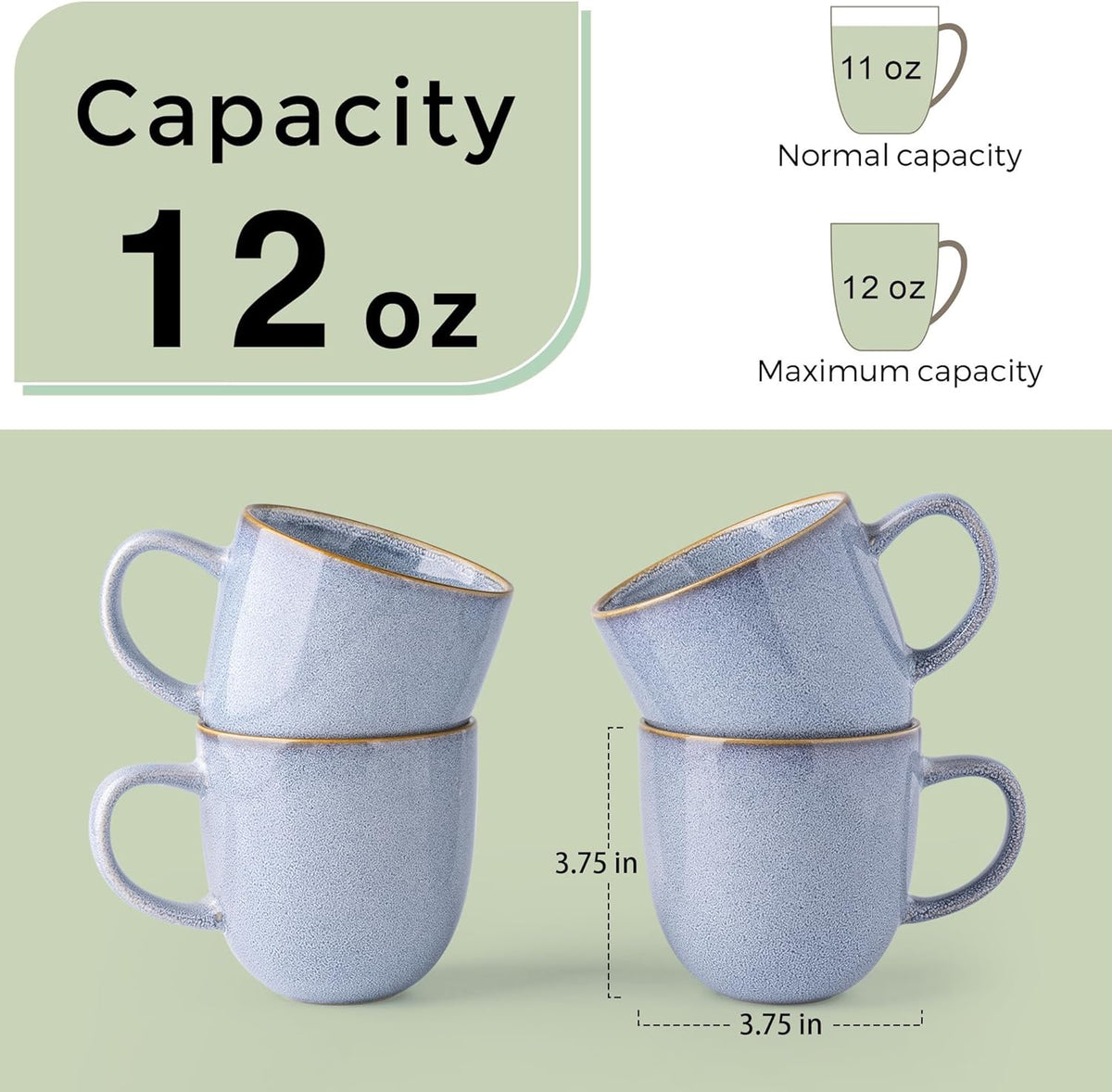 AmorArc 12oz Coffee Mugs, Ceramic Coffee Mugs set of 4 for Man, Woman, Dad, Mom, Modern Coffee Mugs with handle for Latte/Cappuccino/Milk/Cocoa. Dishwasher&Microwave Safe, Blue-Reactive Glaze
