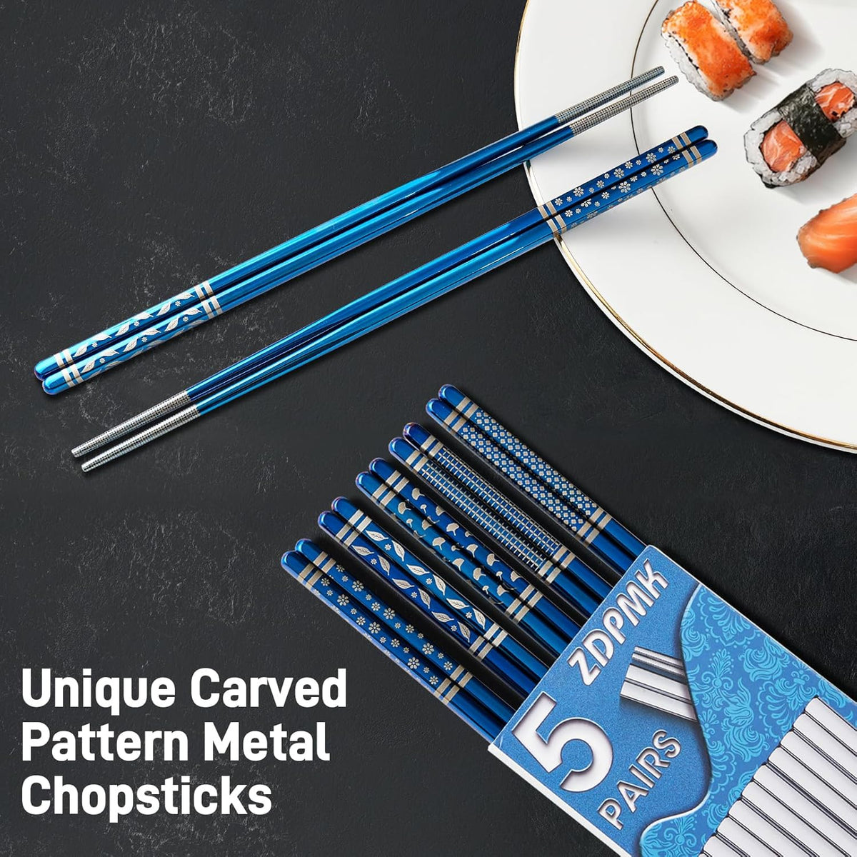 Metal Chopsticks Reusable 5 Pairs Stainless Steel Chopsticks Japanese Chinese Korean Metal Chop Sticks Dishwasher Safe Non Slip Cute Laser Engraved 9.25 Inch for Cooking Eating Gift Set