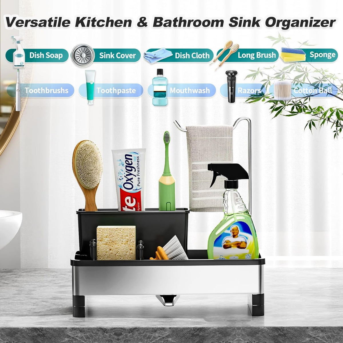 Stainless Steel Sink Caddy, Sponge Holder for Kitchen Sink with Brush Holder & Dishcloth Rack, Rustproof Sink Organizer Countertop, Kitchen Organizers Storage Essentials (D-Black)