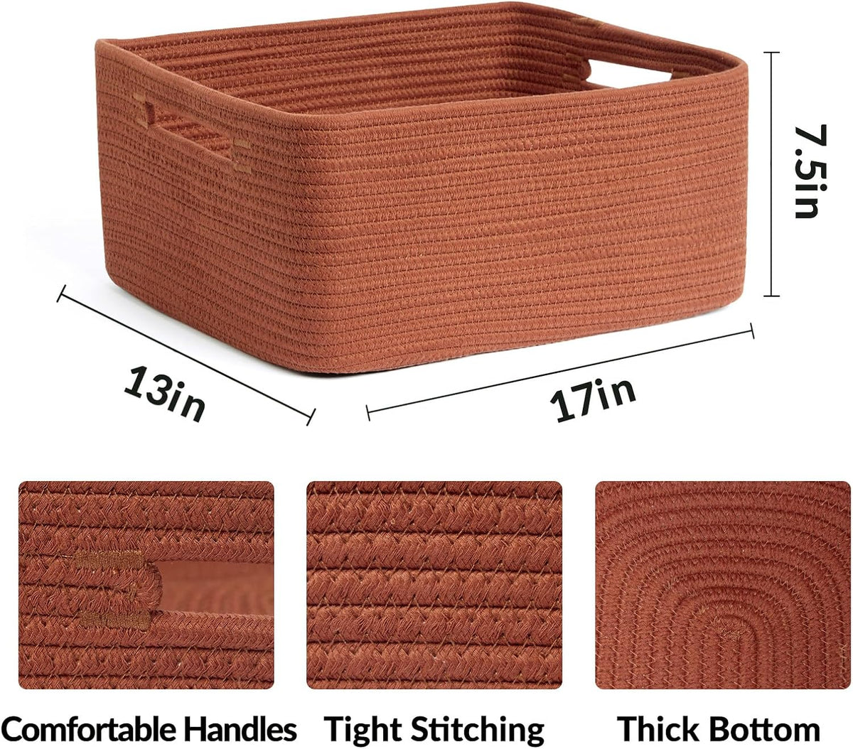 Large Storage Baskets for Organizing, Closet Shelf Baskets for Clothes Blanket Towels, Baby Nursery, Toy Bins Box, Woven Rope Baskets, 17 x 13 x 7.5”, 4 Packs Oxide Red