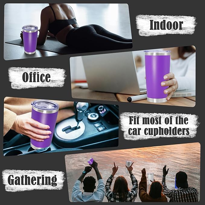 20 oz Tumbler Coffee Travel Tumblers Bulk with Lid Stainless Steel Double Wall Vacuum Insulated Mug Powder Coated Cups fit Car Cupholder for Hot and Cold - Purple, 12Pack
