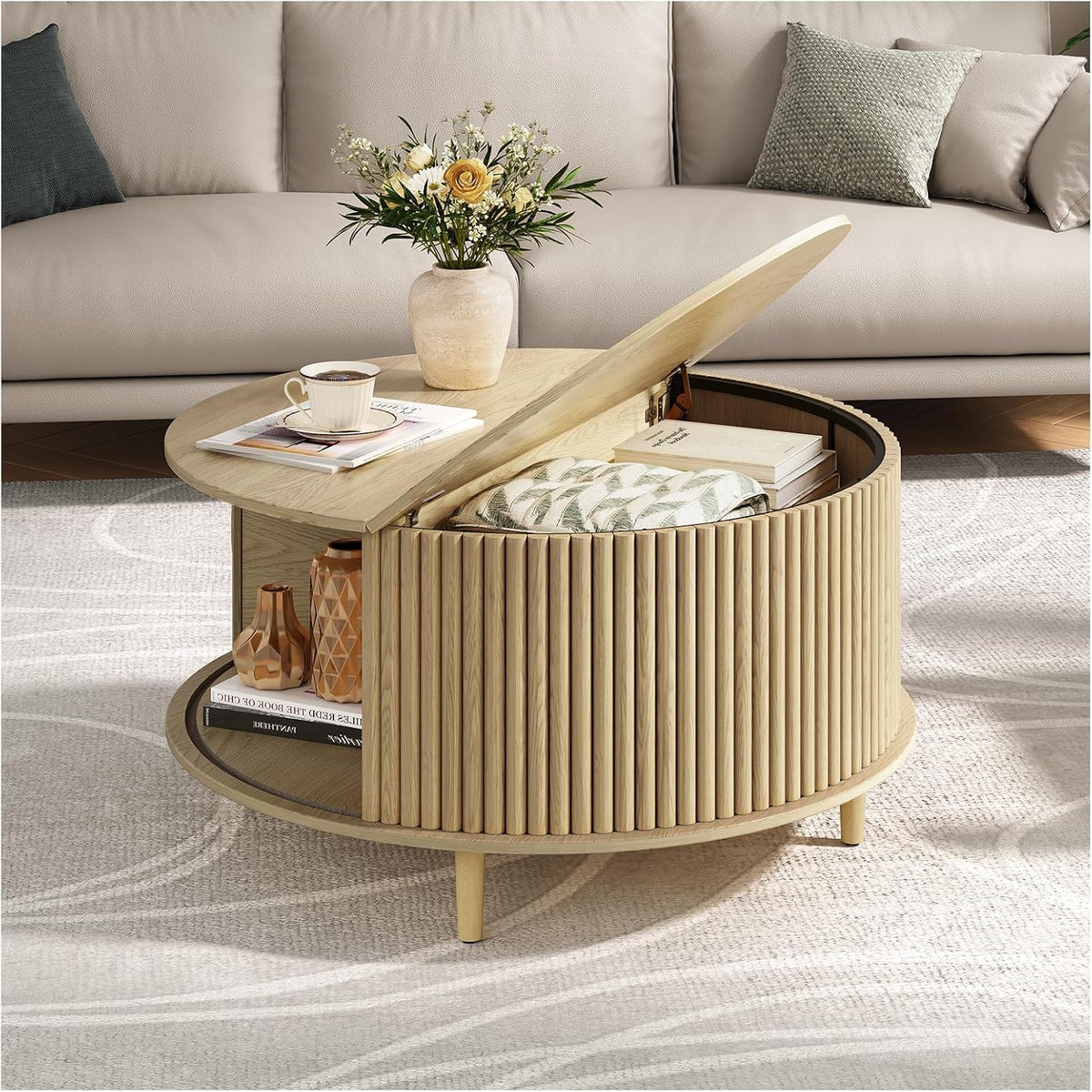 Round Coffee Table with Storage,31.5" Mid Century Modern Coffee Table with Hidden Compartment,Fluted Center Table for Living Room,Home Small Space,Oak