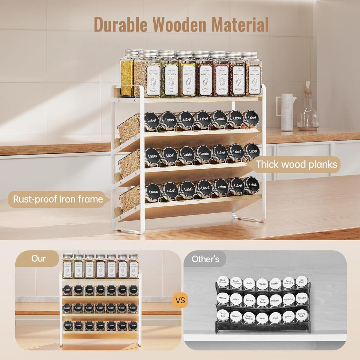 MUDEELA 4 Tier Spice Rack Organizer for Cabinet,Wooden Vertical Spice Shelf, Seasoning Organizer for Countertop, Kitchen, Pantry, Freestanding, 13.4" W × 11.2" H (No Jars Included), White