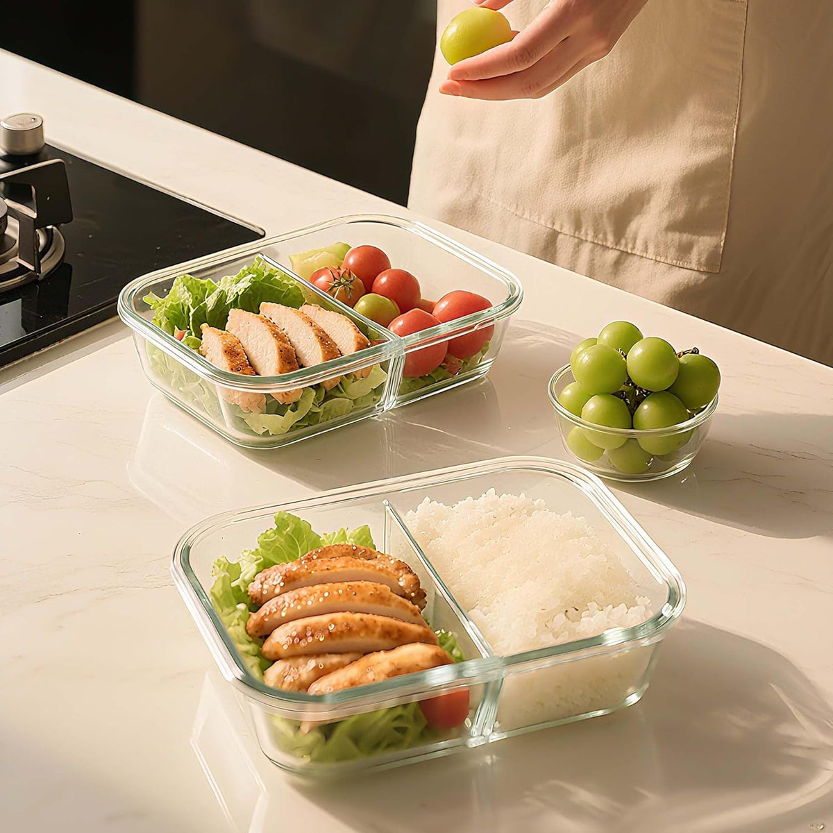 BAYZZ 5 Pack 35 Oz Glass Meal Prep Containers 2 Compartments, Glass Storage Containers with Lids, Airtight Lunch Bento Boxes, BPA-Free, Microwave and Freezer Safe