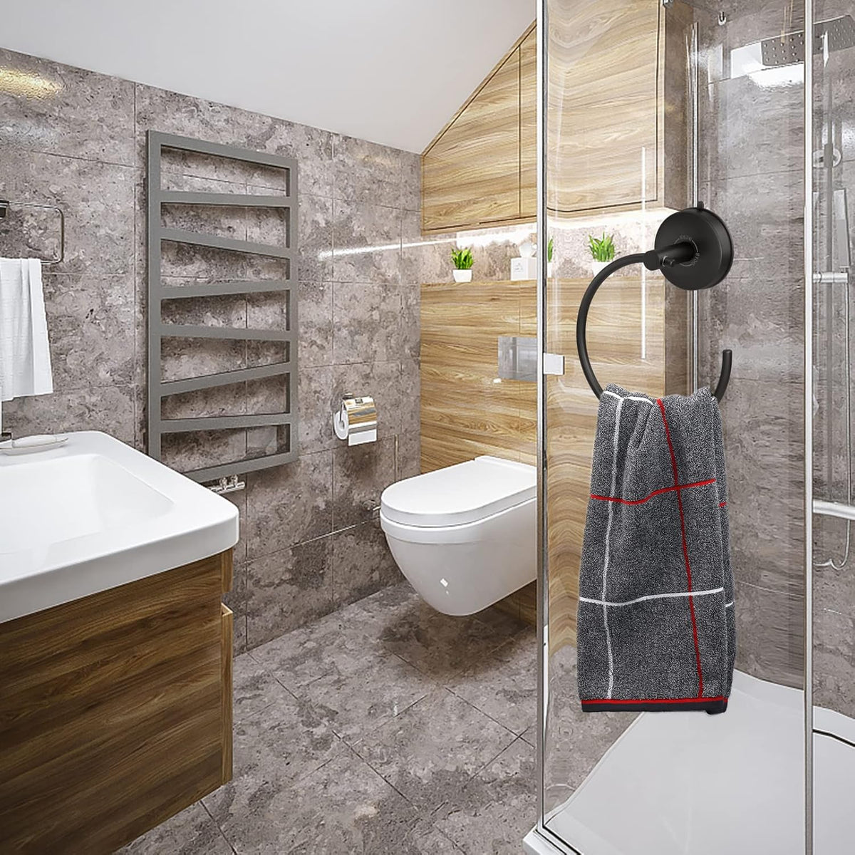 DGYB Suction Cup Hand Towel Ring Black Hand Towel Holder for Bathroom Wall SUS 304 Stainless Steel Kitchen Towel Hanger