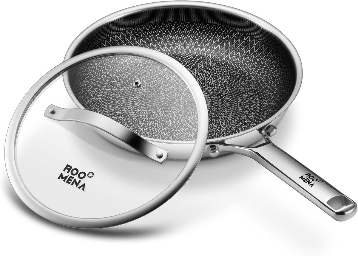 Non Stick Frying Pans Hybrid Ceramic With Lid, 12 Inch Tri-Ply Stainless Steel Skillet, Non-Toxic, PFAS/PFOA/PTFE Free, Metal Utensil Safe, Dishwasher & Oven Safe, Induction Compatible