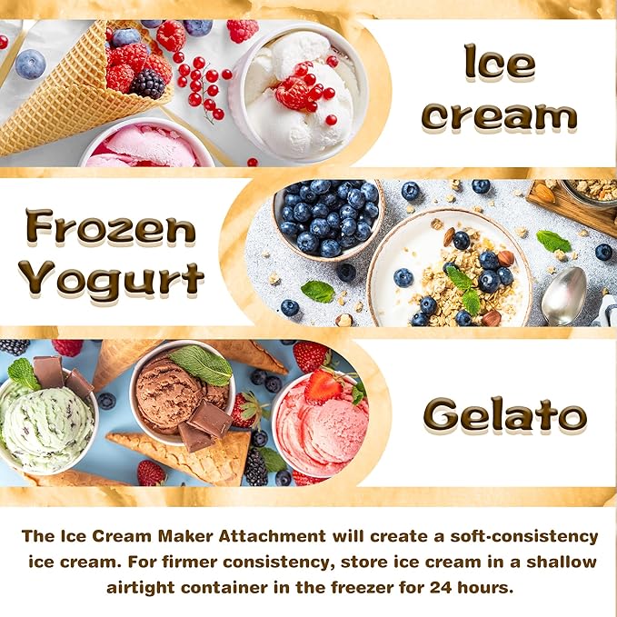 Ice Cream Maker Attachment for KitchenAid 4.5/5QT & 6QT Mixers, Frozen Ice Cream & Sorbet Gelato Maker for KitchenAid, 2 Quart, White, Not Dishwasher Safe
