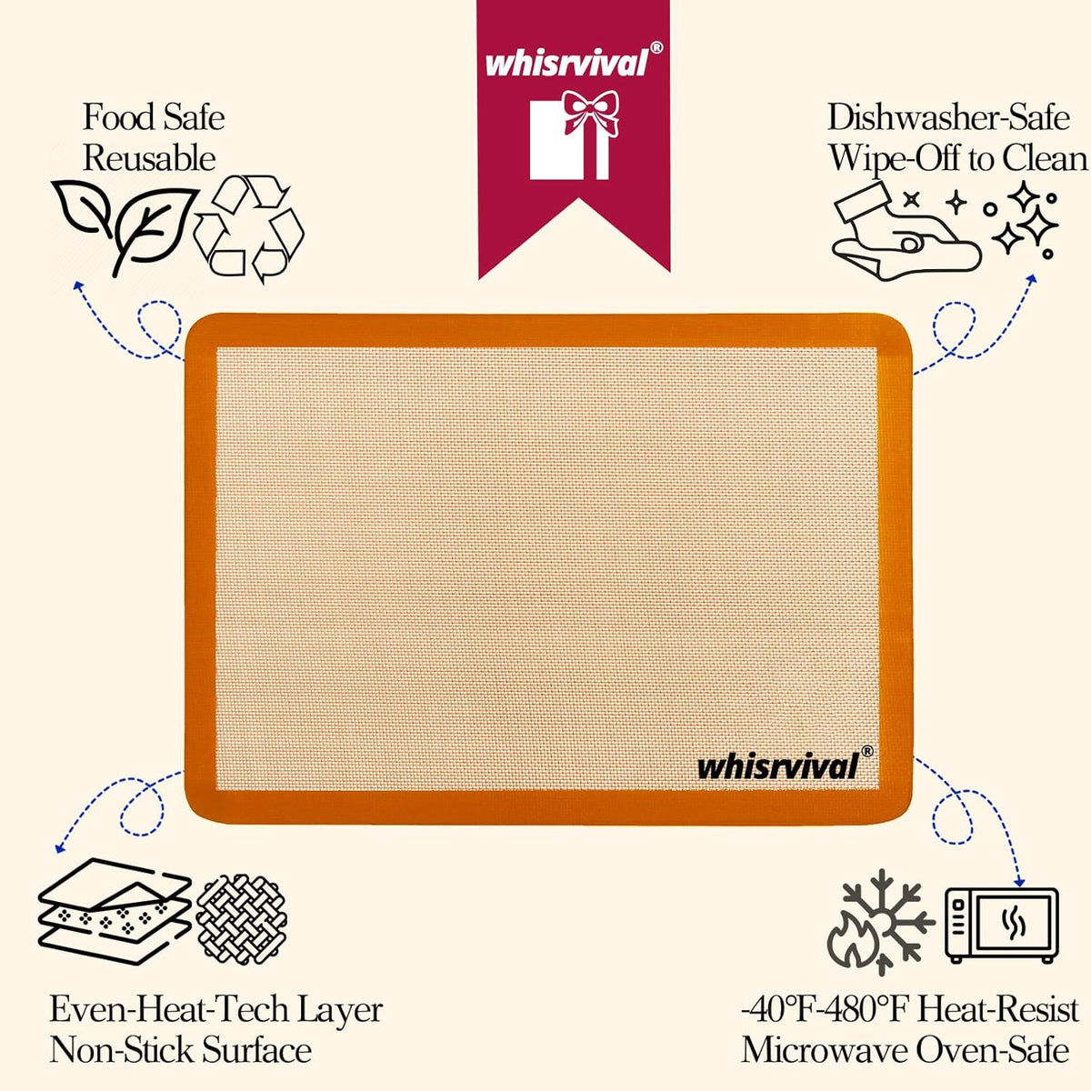 4 Pack Silicone Baking Mat, Non-Stick Silicone Baking Sheet, Food Safe, 480℉ Heat Resistant, 2 Half & 2 Quarter (Orange)