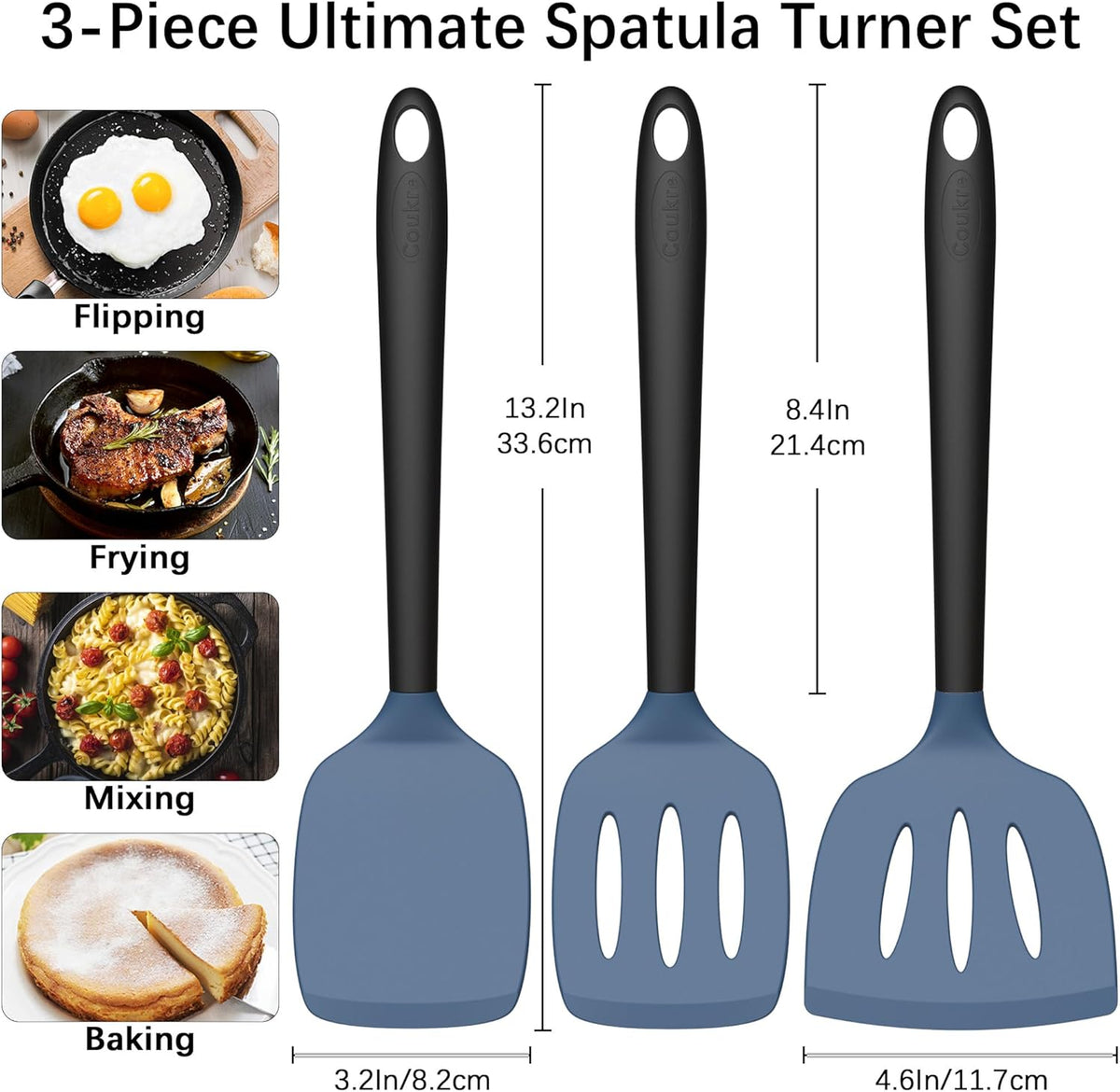 Coukre Silicone Spatula Set of 3, High Heat Resistant, BPA-Free, Kitchen Utensils, Fish Spatula, Solid & Slotted Turner for Non-Stick Pans, Flipping Eggs, Pancakes, Fish, Burgers (3, DarkBlue)