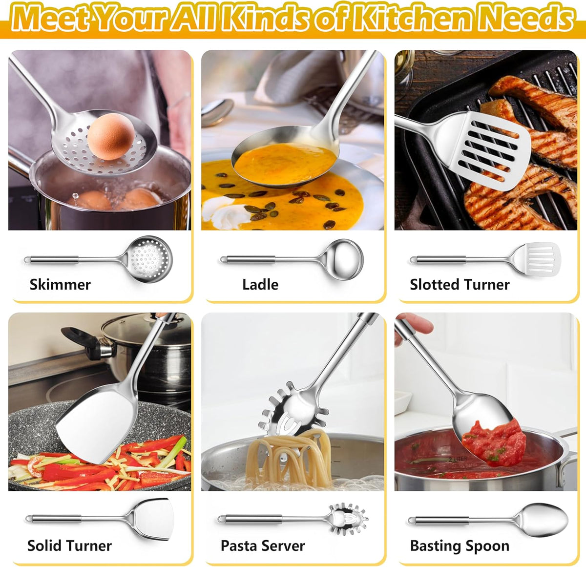 E-far 6-Piece Cooking Utensils Set, Stainless Steel Kitchen Utensils, Metal Heat Resistant Kitchen Tools Set Including Spoon, Soup Ladle, Slotted/Solid Turner, Skimmer, Pasta Server, Dishwasher Safe