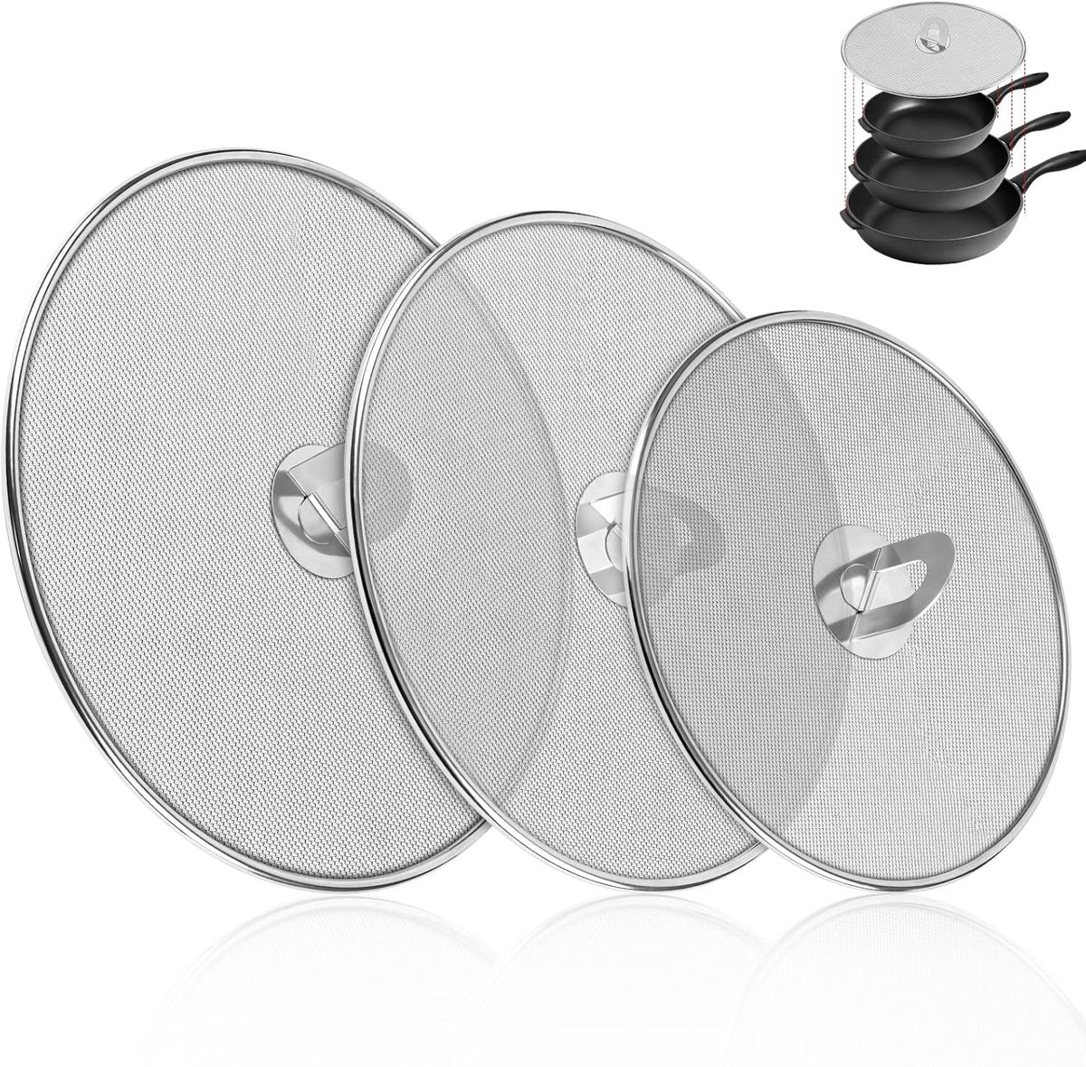 3-Pack Splatter Screens for Frying Pan - Stainless Steel Grease Splatter Guard with Foldable Knob, Ultra-Fine Mesh, Rust-Free (10", 11.5", 13") - No Oil Mess, No Burns
