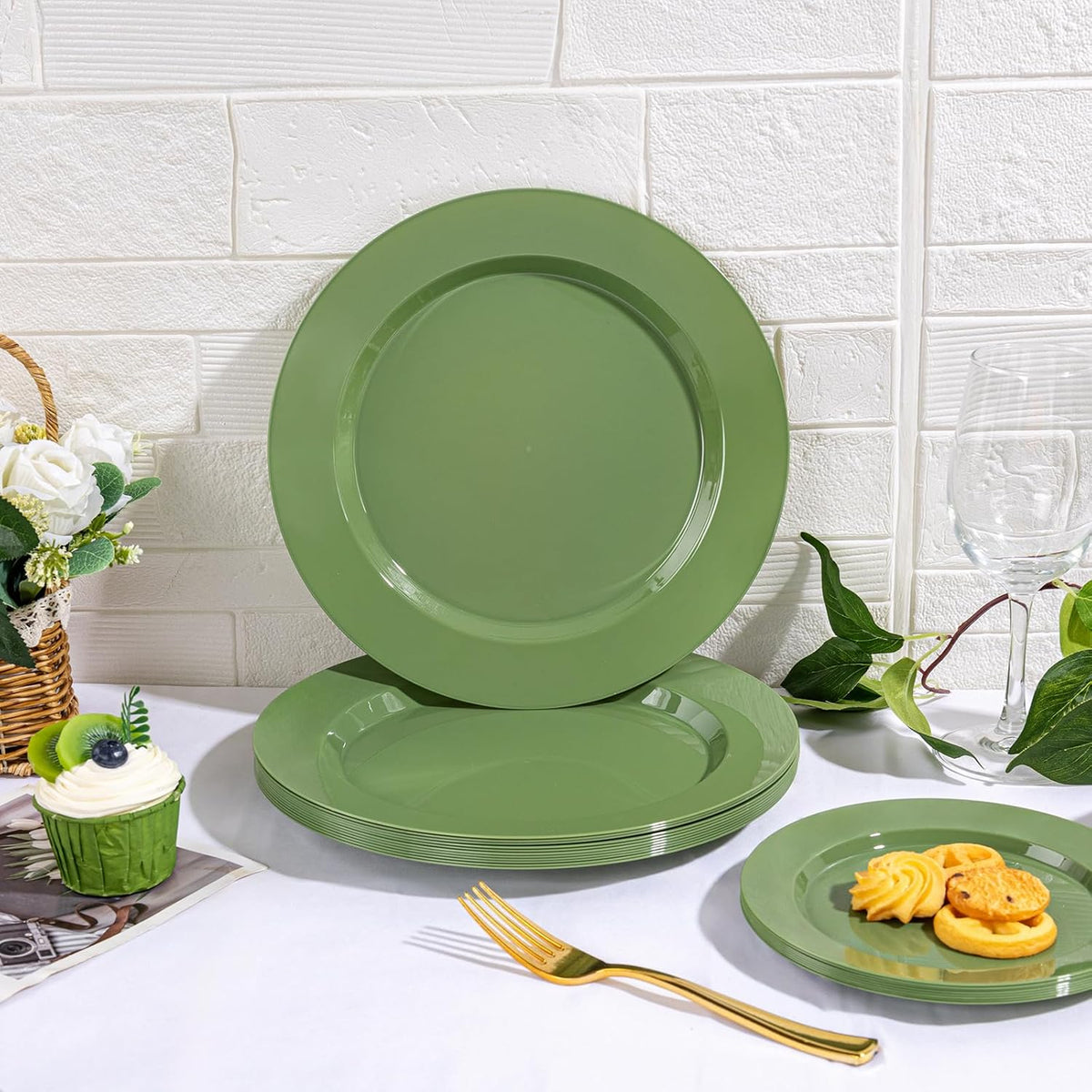 I00000 200 Pcs Green Plastic Plates, Green Disposable Plates Include 100 Dinner Plate 10’’ and 100 Dessert Plate 7’’ Perfect for Birthday, Party & Wedding