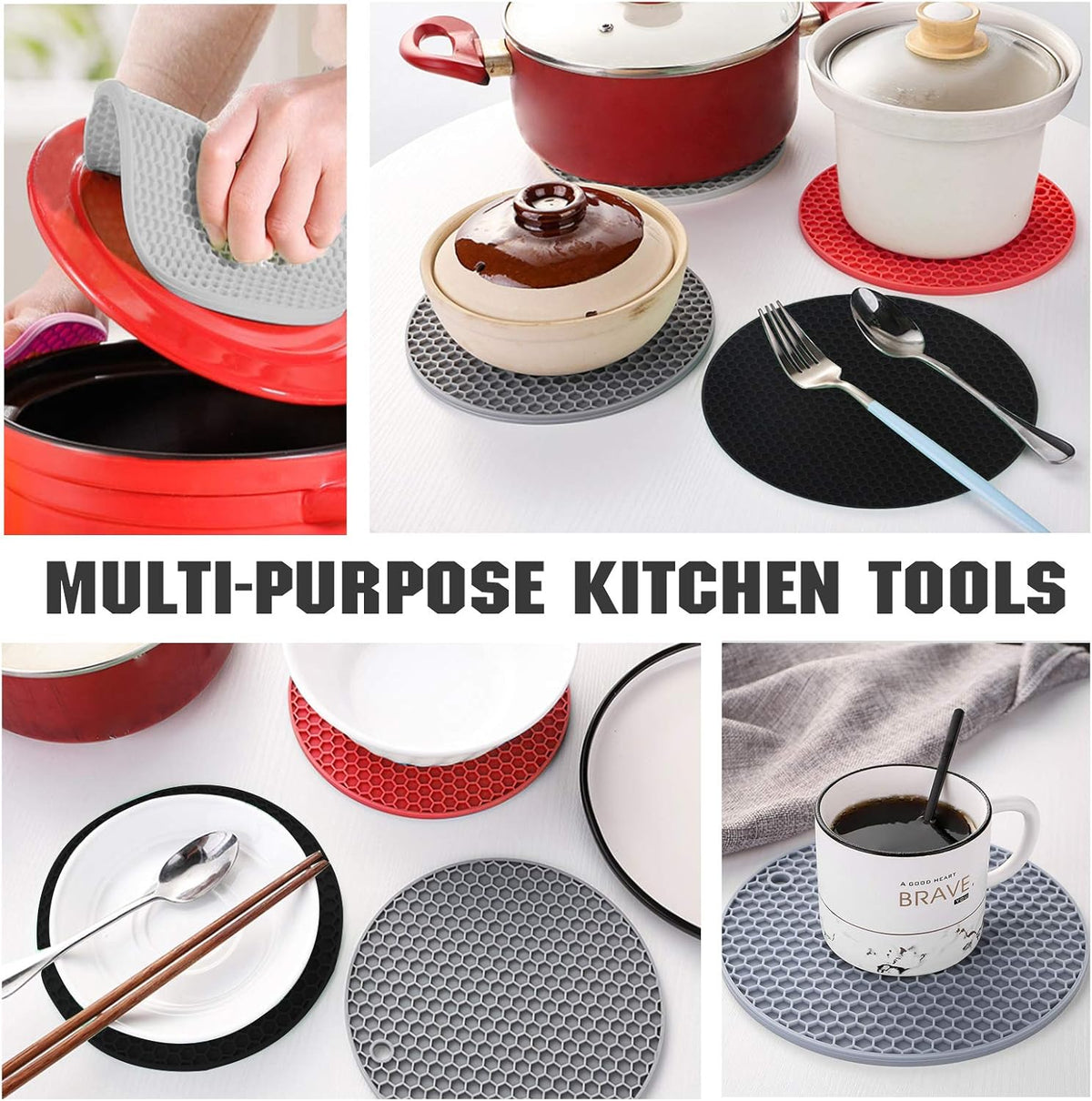Joyhalo Trivets for Hot Dishes - Hot Pads for Kitchen, Silicone Pot Holders for Hot Pots and Pans, Silicone Mats for Kitchen Countertops, Table, Flexible Easy to Wash and Dry, Black