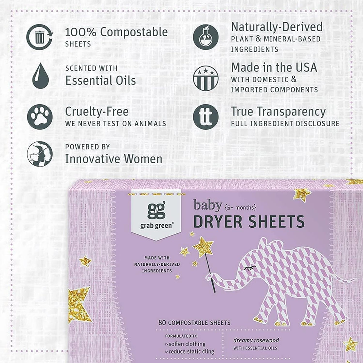 Grab Green Baby Laundry Dryer Sheets, 160 Sheets, Dreamy Rosewood Scent, Plant Based, Softens Clothing and Linens, Reduces Static Cling
