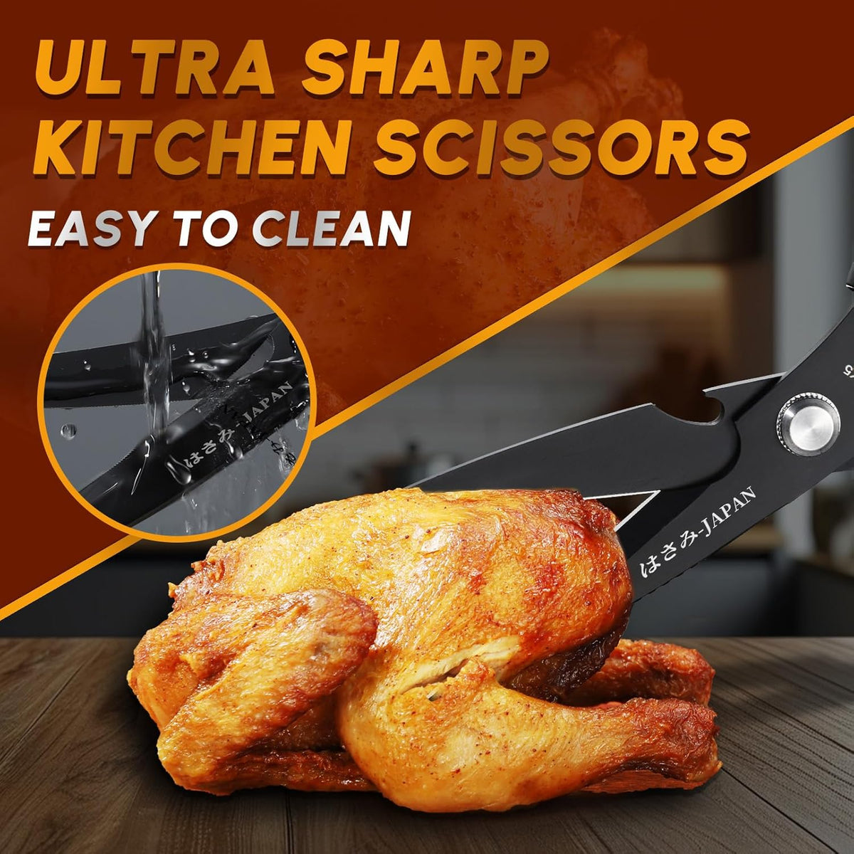 HUUSK Kitchen Scissors Set Black - Upgraded Stainless Steel Kitchen Shear, Sharp Meat Scissors, Heavy Duty Poultry Shears, Japanese Cooking Scissor for Food, Chicken Bones, and Turkey, Dishwasher Safe