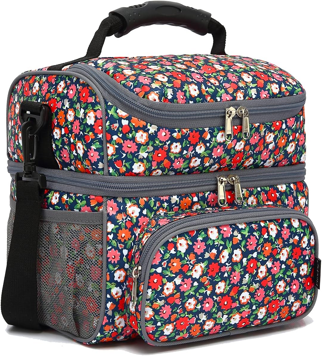 FlowFly Double Layer Cooler Insulated Lunch Bag Adult Lunch Box Large Tote Bag for Men, Women, With Adjustable Strap,Front Pocket and Dual Large Mesh Side Pockets