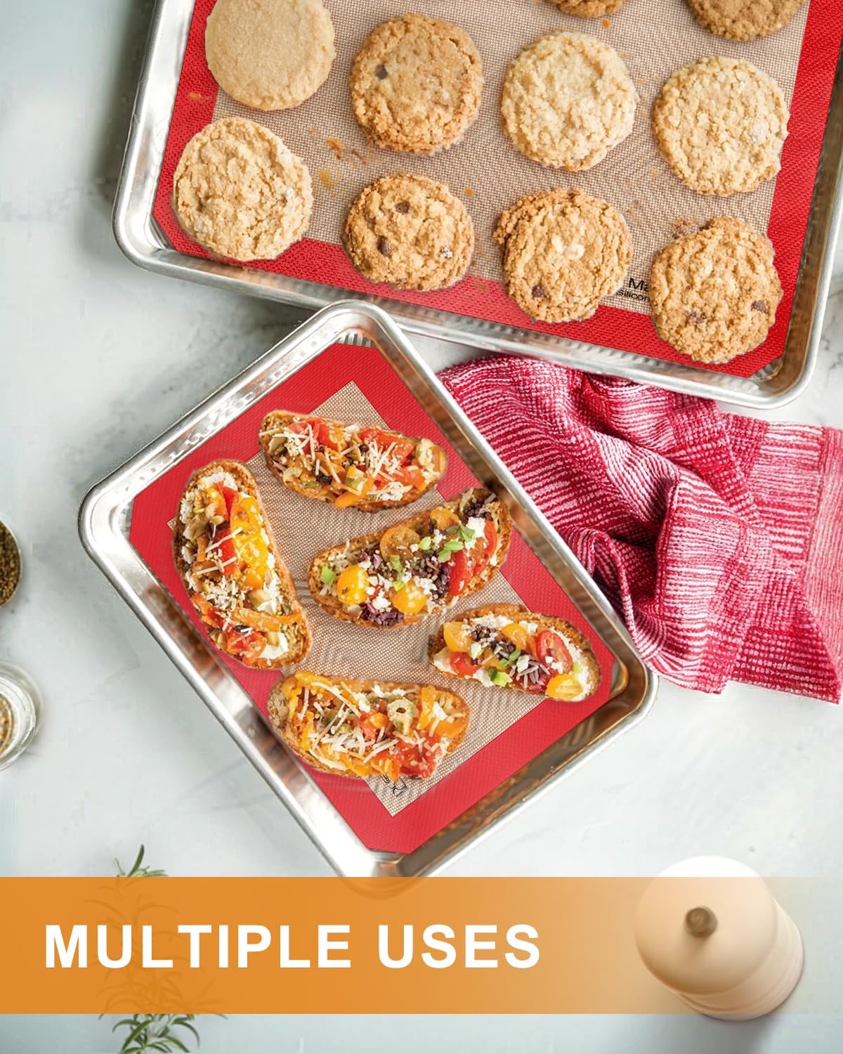 Sopito 5PCS Non Stick Platinum Silicone Baking Mat for Half Sheet & Quarter Baking Sheet and 9'' Pizza Pan, Reusable & Food Safe Heat Proof Up to 480℉ Cooking Mat, Red