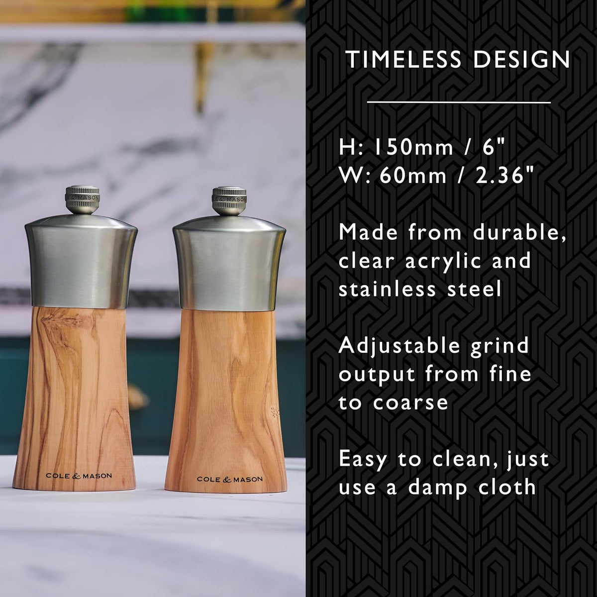 Cole & Mason Bromley Salt Mill, 6" - Salt Grinder with Ultra-Sharp Grinding Mechanism - Flavor-Enhancing Salt Shaker - Refillable Mill with Adjustable Grinding - Olive Wood, Salt Mill