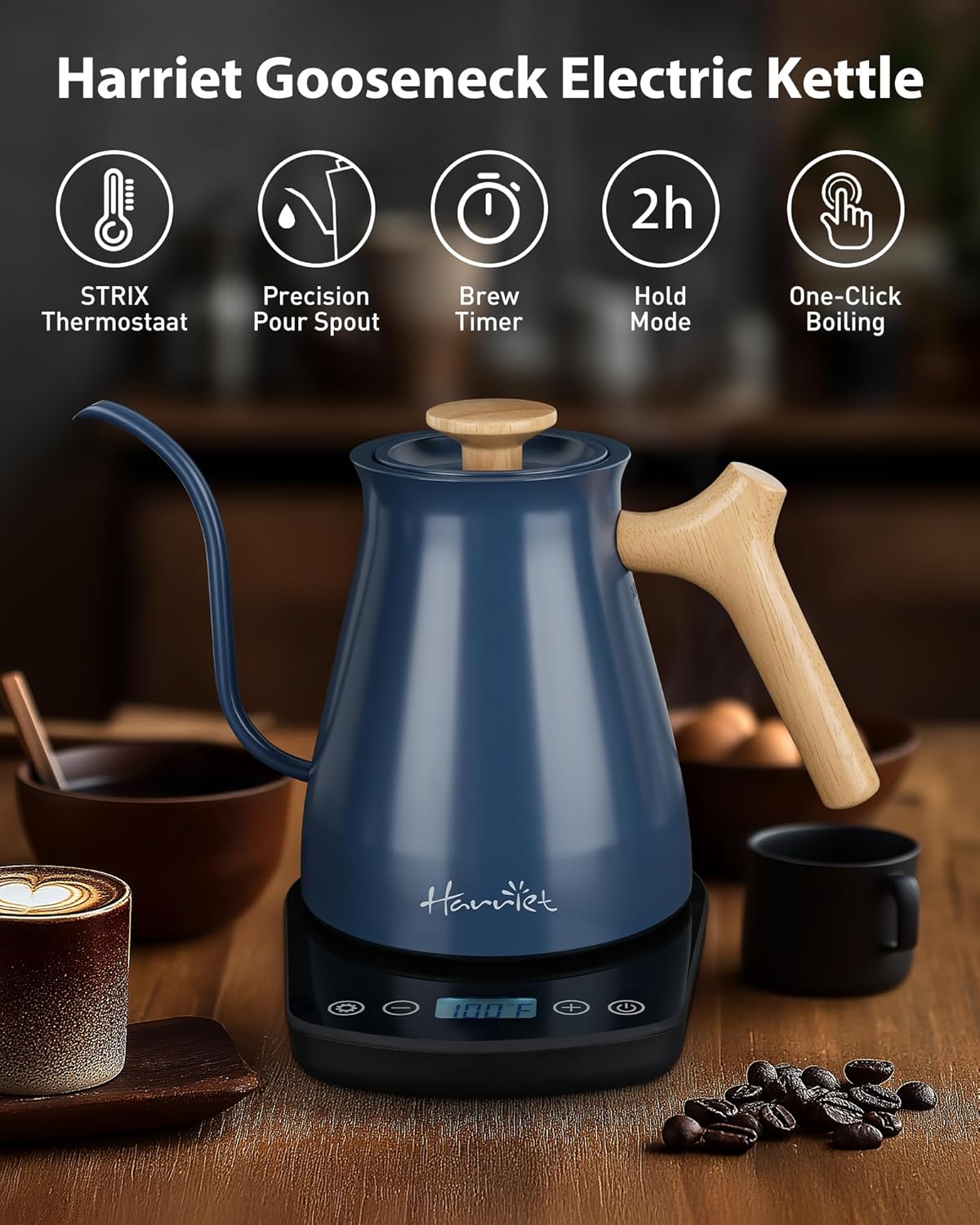 Harriet Gooseneck Electric Kettle - 1200W Fast Heat, 0.8L Stainless Steel, Precision Temp Control & Timer, Wood Handle, Pour Over Coffee and Tea, Blue