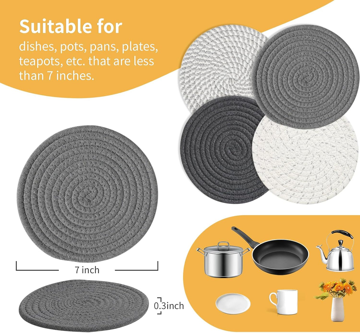 RIOOP Trivets for Hot Dishes, Pots and Pans, 7 Inches Heat Resistant Large Coaster for Kitchen, Anti Stain Hot Pads Plate Mats for Countertops Table Kitchen Essentials Farmhouse Halloween Decor, 4 Pcs