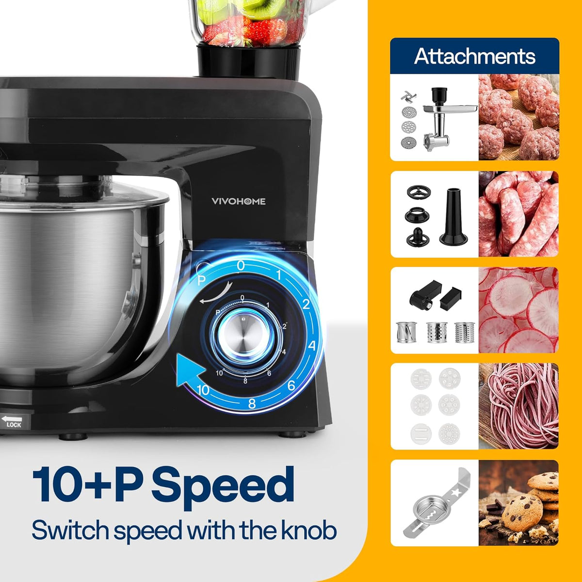 VIVOHOME 6 in 1 Multifunctional Stand Mixer with 8.5 Quart Stainless Steel Bowl, 660W 10 Speed Tilt-Head Meat Grinder, Juice Blender, Vegetable Slicer, Pasta and Cookie Maker, Black