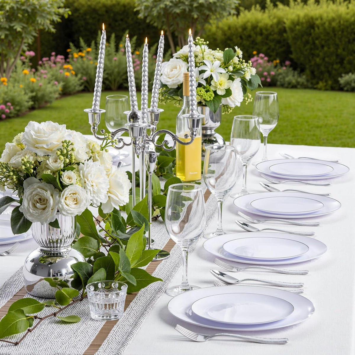 KIRE 200PCS Silver Plastic Plates - White Plastic Plates with Silver Rim Include 100 Dinner Plate and 100 for Dessert/Salad Plate for Birthday/Wedding/Party