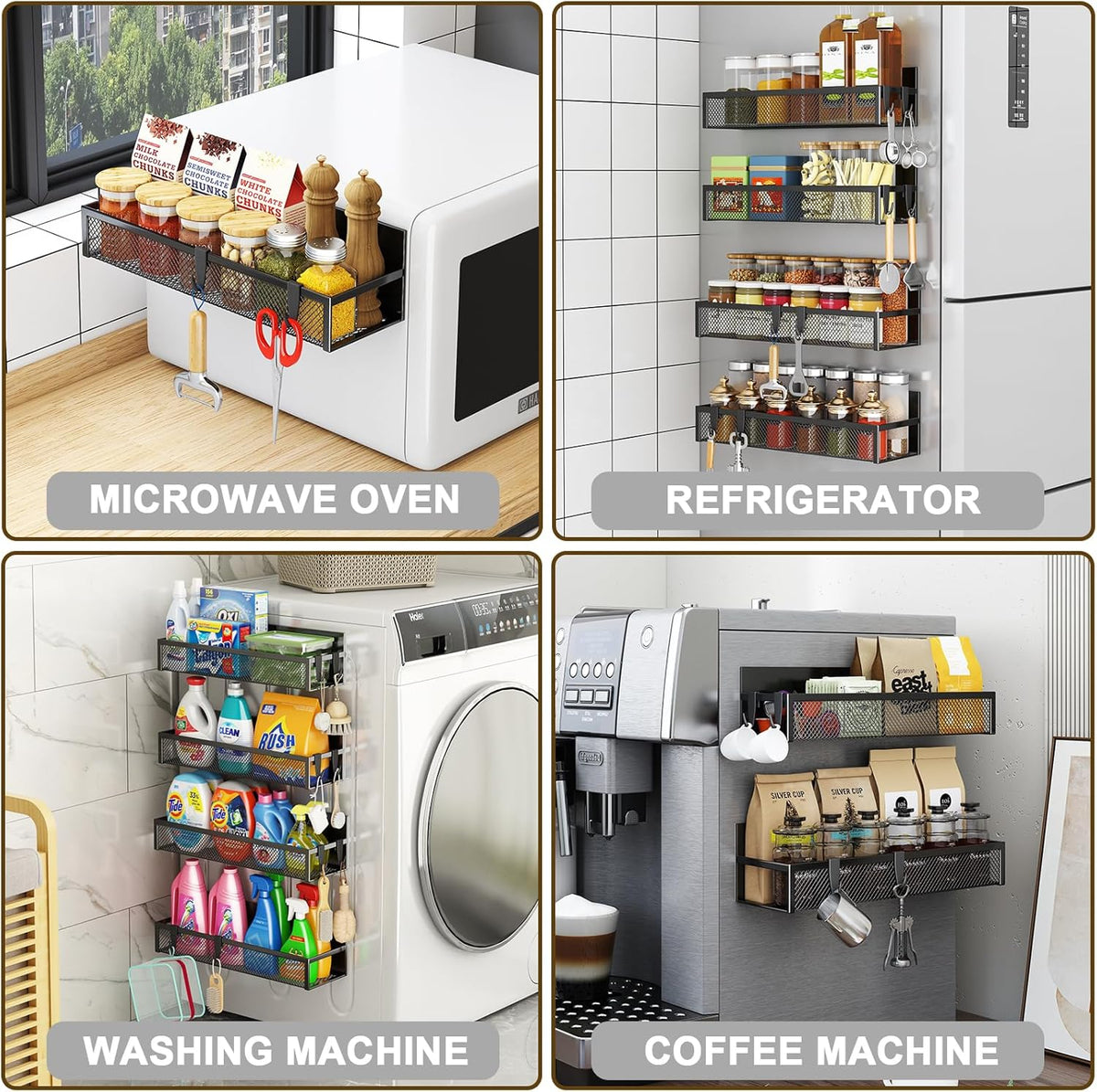 Magnetic Spice Rack for Refrigerator, 4 Pack Magnetic Shelf, Fridge Magnet Organizer with Moveable 8 Hooks, Magnetic Fridge Shelf for Kitchen Organization and Storage (4 Pack)