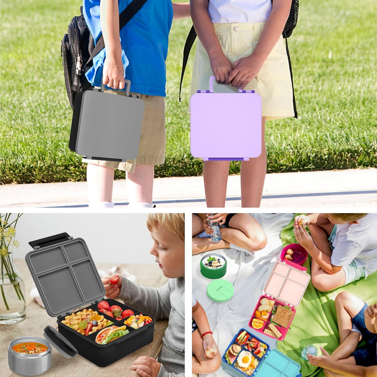 Bento Lunch Box with 8oz Soup Thermo, Leak-Proof Lunch Containers with 4 Compartment, Thermo Hot Food Jar and Insulated Lunch Box for School Black