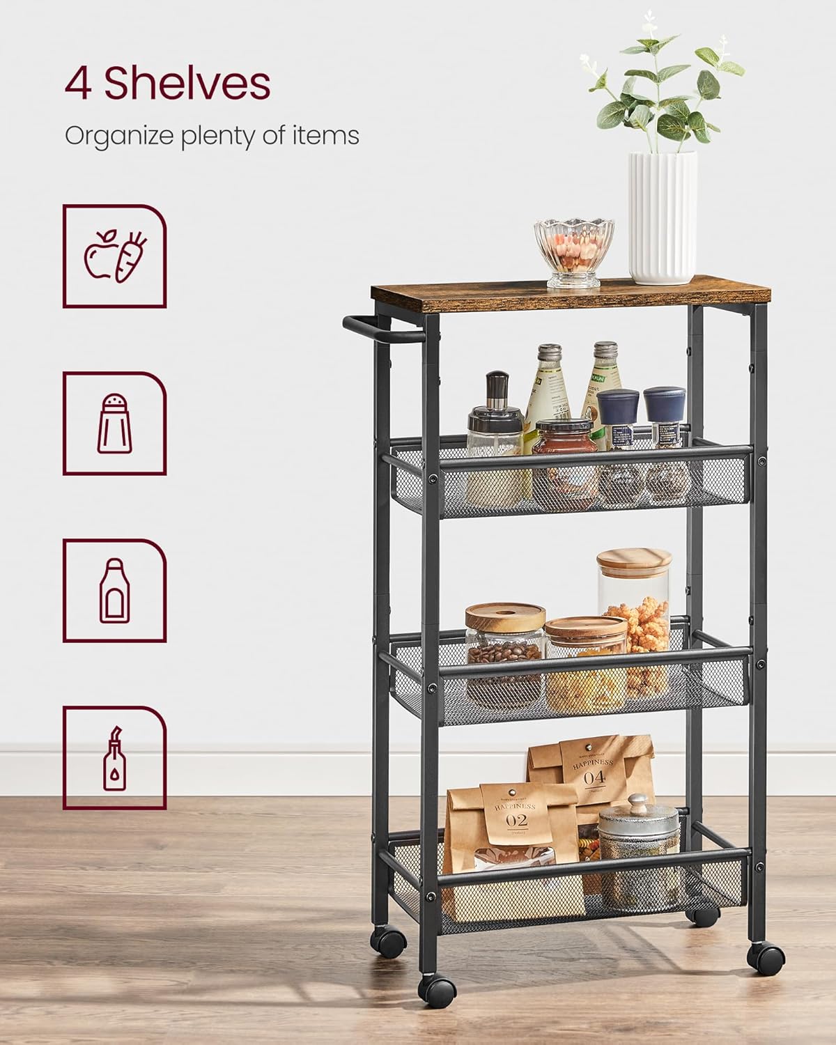 VASAGLE Slim Rolling Cart, 4-Tier Storage Cart, Narrow Cart with Handle, 8.7 Inches Deep, Metal Frame, for Kitchen, Dining Room, Living Room, Home Office, Rustic Brown and Classic Black ULRC033B01