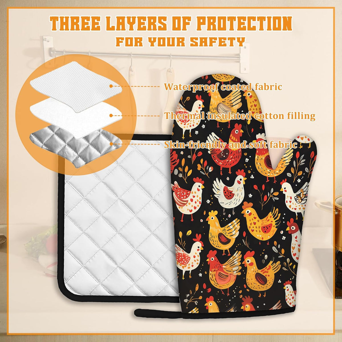 Colorful Rooster Oven Mitts and Pot Holders,Cute Chicken Heat Resistant Oven Mitts Gloves and Pot Holder for Home Kitchen Decorations Cooking Baking BBQ Gifts,Set of 4