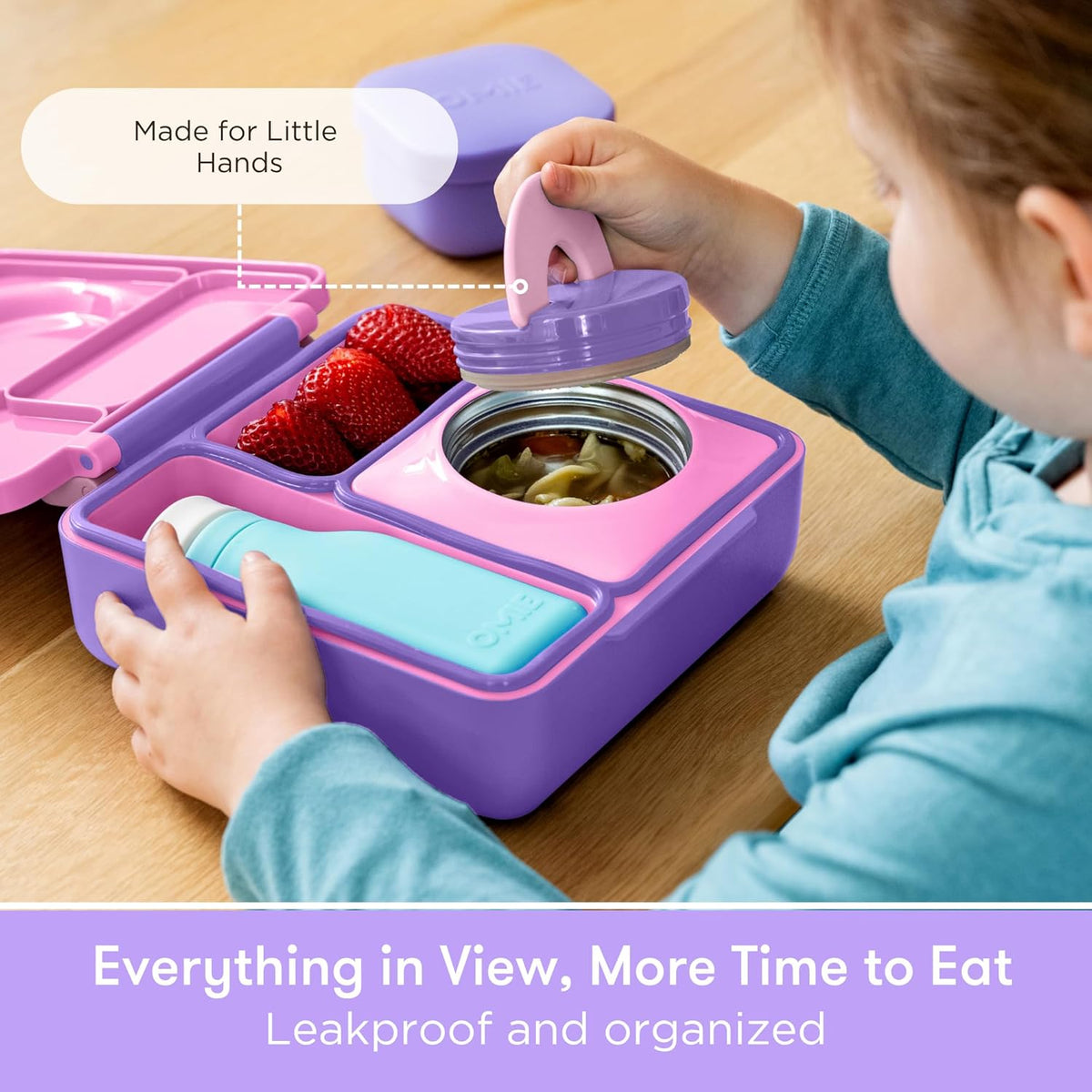 OmieBox Bento Box for Kids - Insulated Bento Lunch Box with Leak Proof Vacuum Insulated Food Jar - 3 Compartments, Two Temperature Zones (Unicorn Pink)