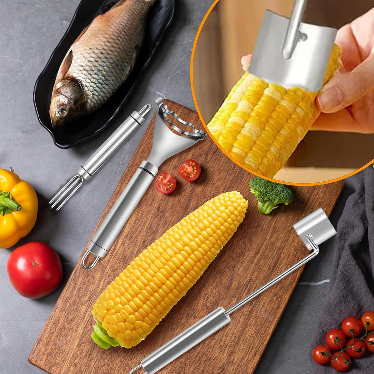 3Pcs Corn Peeler Set, Stainless Steel Corn Peeler, Stripper Tool And Corn Holder, Corn Stripping Tool For Corn On The Cob, Easy Cob Cutter And Remover