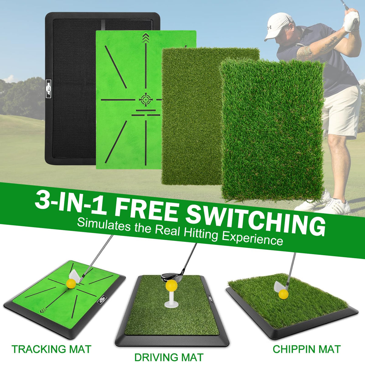 MONOJOY Golf Mat Practice Indoor/ Outdoor with Replaceable Turf Tees & Ball