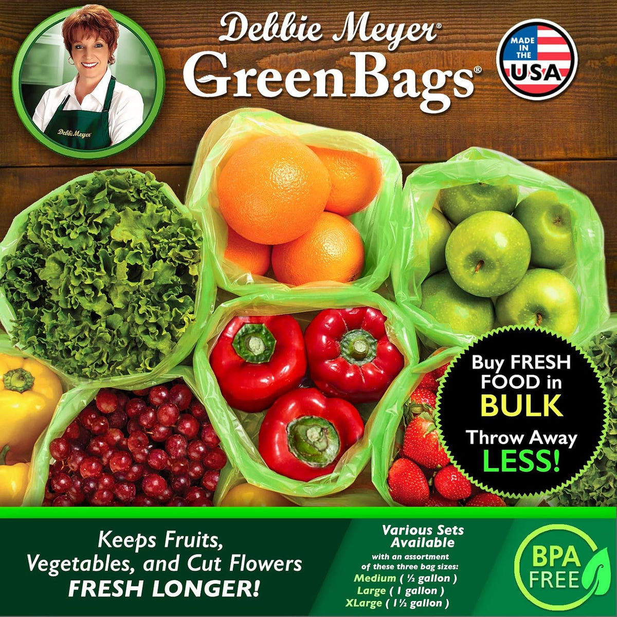 Debbie Meyer, GreenBags 32-Pack (16M, 8L, 8XL) | Reusable Storage Bags Keeps Fruit, Vegetables, Produce, Cut Flowers Fresh Longer, Kitchen & Fridge Preservation Solution, BPA Free, Made in the USA