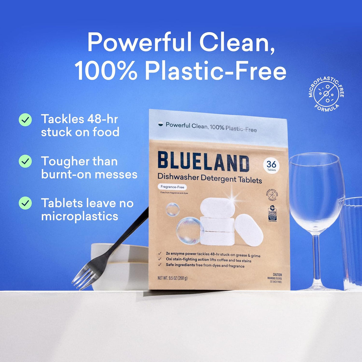 BLUELAND 100% Plastic-Free Dishwasher Detergent Tablets, Starter Set, 60 Count with tin, Free & Clear, Eco-Friendly Dishwashing Pods, Natural, Sustainable