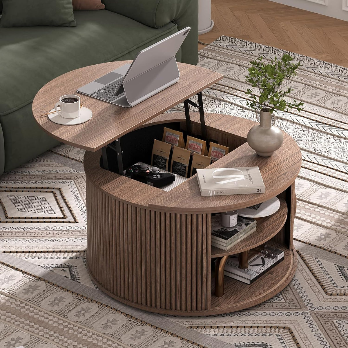 Lift Top Coffee Table,31.5” Mid Century Modern Center Table with Hidden Storage,Round Fluted Coffee Tables for Living Room, Home Office,Walnut