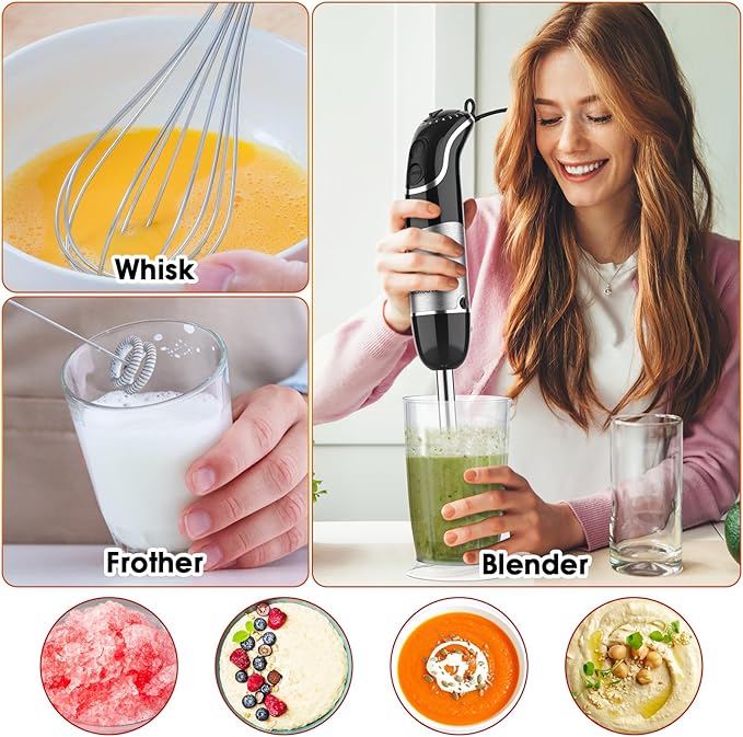 Immersion Blender Handheld for Kitchen,Emulsion Blender Handheld,12 Speed Electric Hand Mixer with BPA Free Attachments:Chopper Bowl,Whisk,Milk Frother,Measuring Cup