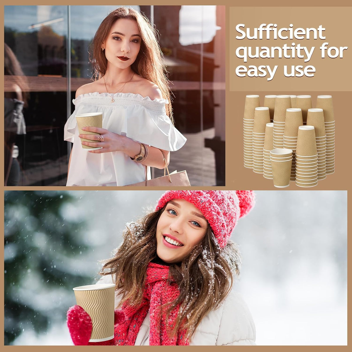 Foaincore 150 Pack 12 oz Paper Cups Bulk Disposable Ripple Insulated Ripple Wall Paper Coffee Kraft Hot Beverage Coffee Cups for Hot Beverage Cold Drinks Party