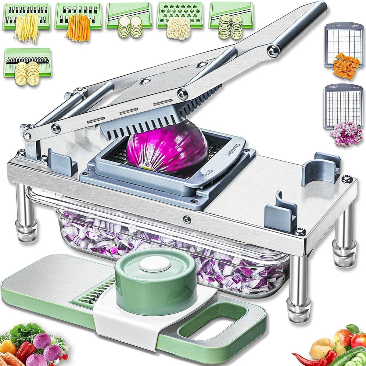 Stainless steel Vegetable Chopper, Veggie Chopper With 8 Blades, Onion Dicer with Container, Food Cutter & Grater Mandoline Slicer