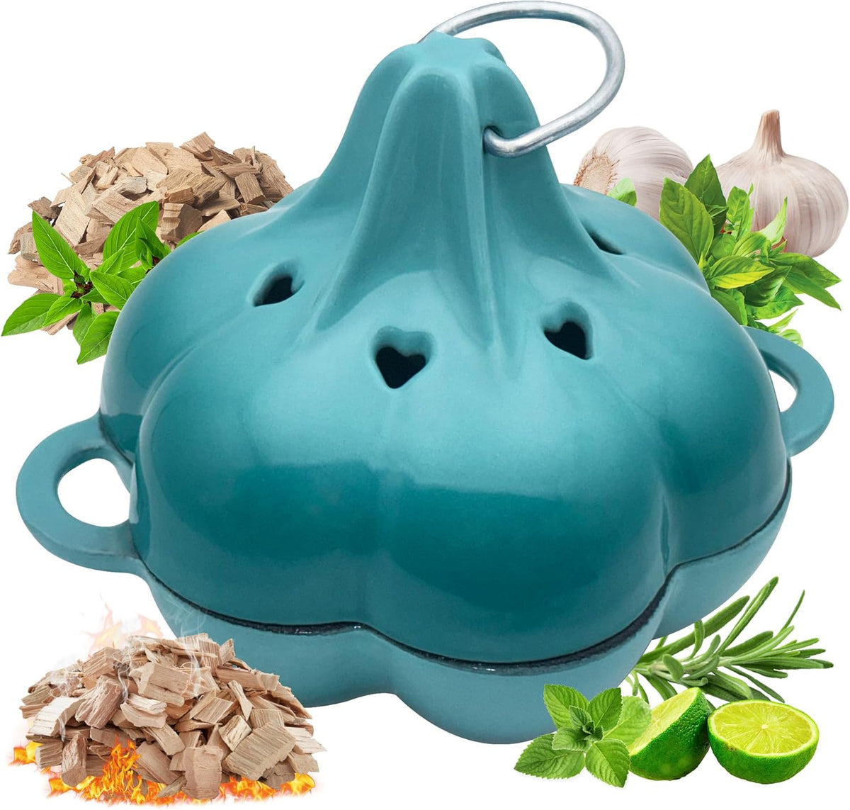 Enameled Cast Iron Smoker Roaster & Garlic Roaster Baker, Multi-Functional Box for Gas/Pellet/Charcoal Grills, Oven & Wood Stove, Enameled Dutch Oven Style Cookware, Enamelled Cooking Pot