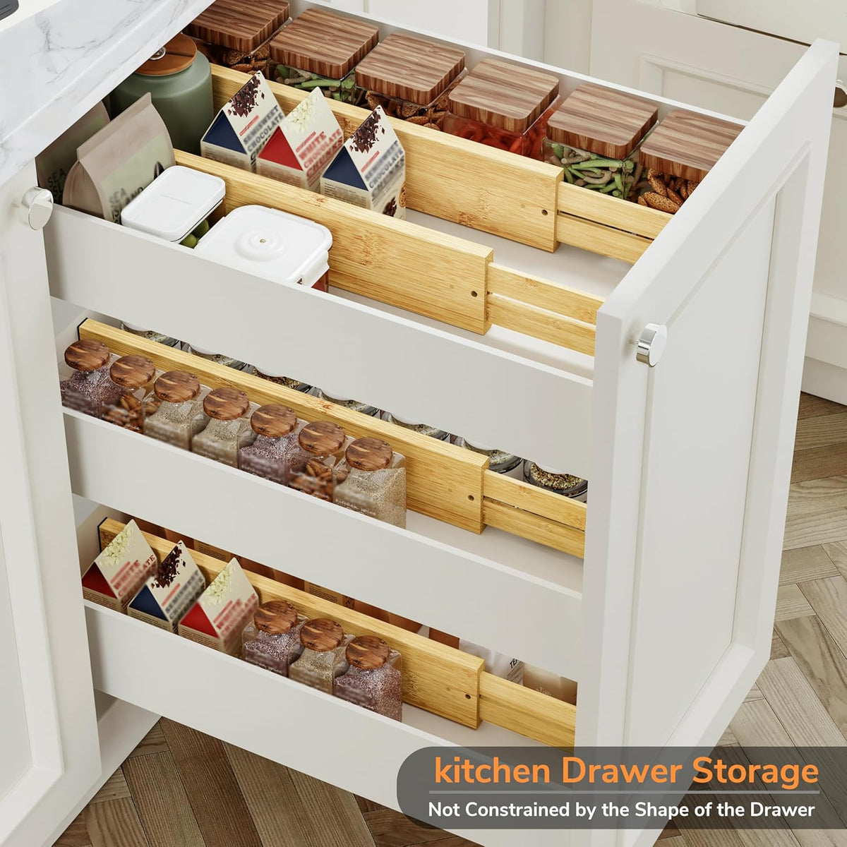 BAMEOS 3" H Bamboo Drawer Dividers - Adjustable Expandable Drawer Organizer - Kitchen, Bathroom, Bedroom & Office, 4-pack