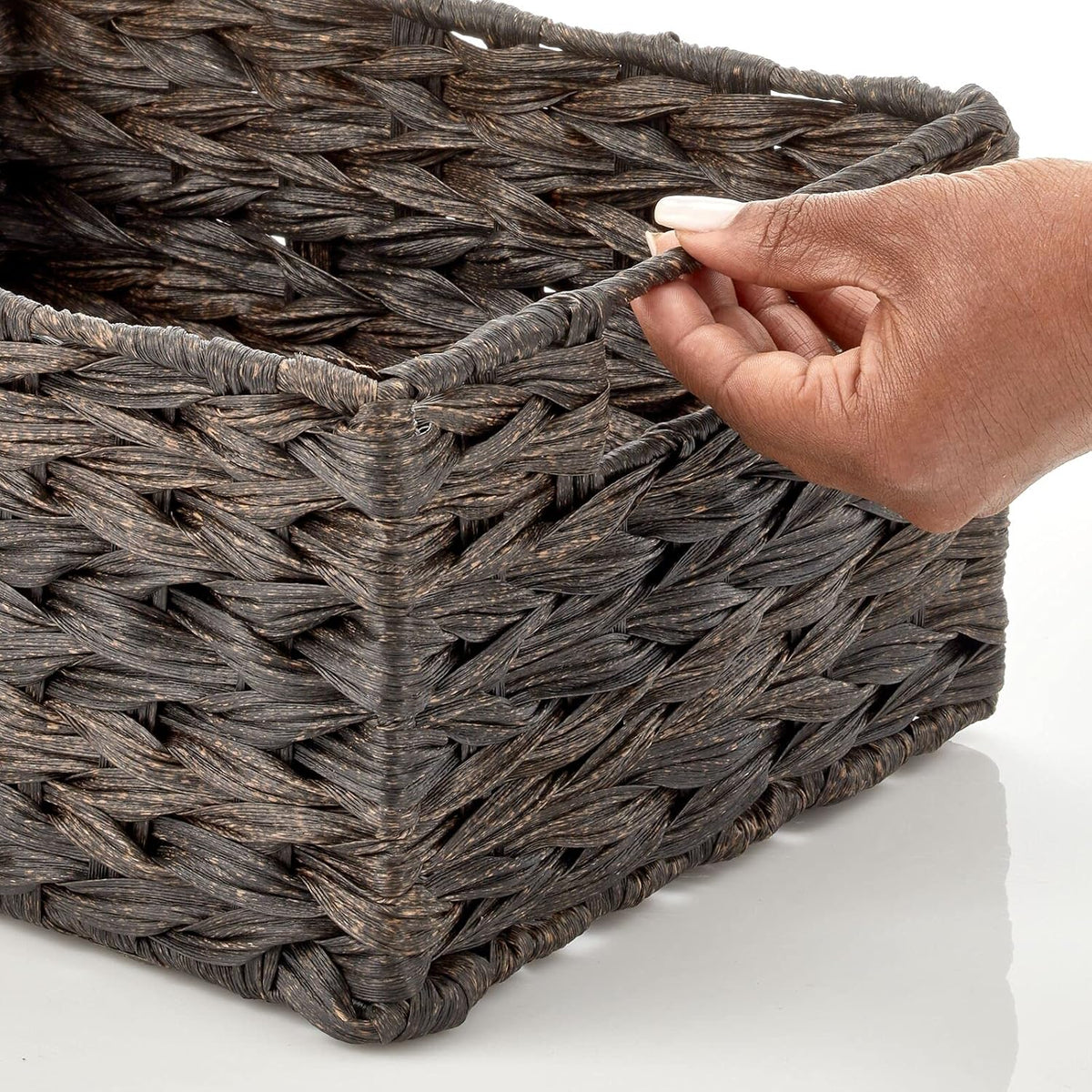 mDesign Woven Farmhouse Kitchen Pantry Food Storage Organizer Basket Box - Container Organization for Cabinets, Cupboards, Shelves, Countertops, Store Potatoes, Onions, Fruit, 6 Pack, Espresso Brown