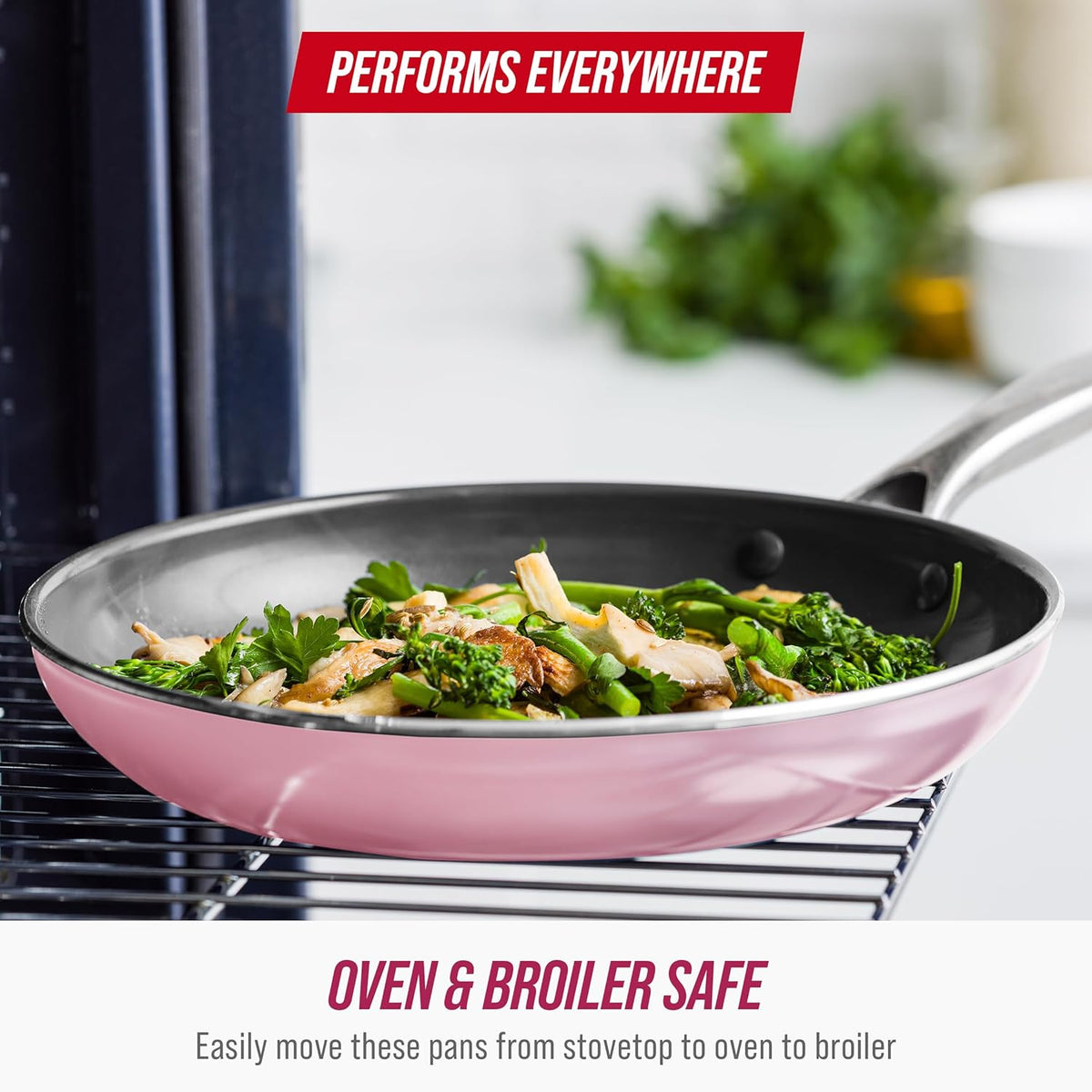Blue Diamond 12" Nonstick Frying Pan with Lid, Diamond Infused PFAS & PTFE-Free Ceramic Skillet, Dishwasher & Oven Safe, Stay Cool Handle, Durable Non Toxic Metal Utensil Safe, Glass Lid, Pink