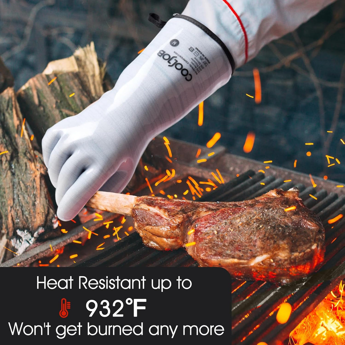 COOLJOB Heat Resistant Oven Gloves, Waterproof Liquid Silicone BBQ Grilling Gloves for Barbecue, Kitchen Cleaning, Baking, Blue, XL