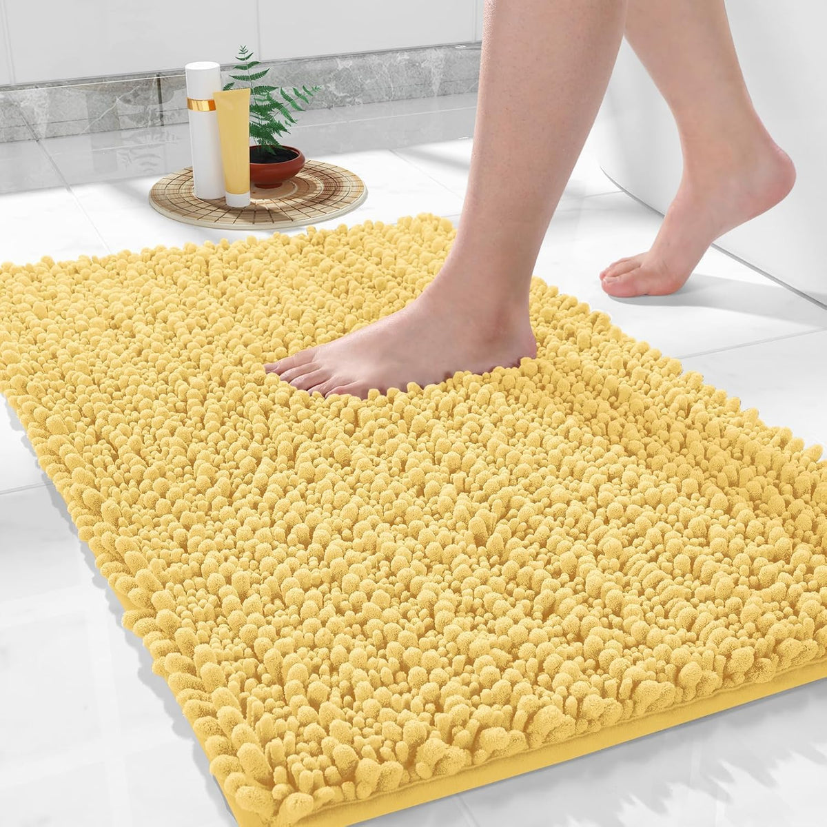 Yimobra Bathroom Rugs Non Slip Washable 32x20 Inch - Ultra Soft Absorbent Chenille Bath Mat, Quick Dry Shaggy Floor Carpet for Tub Shower, Yellow Home Decor Accessories