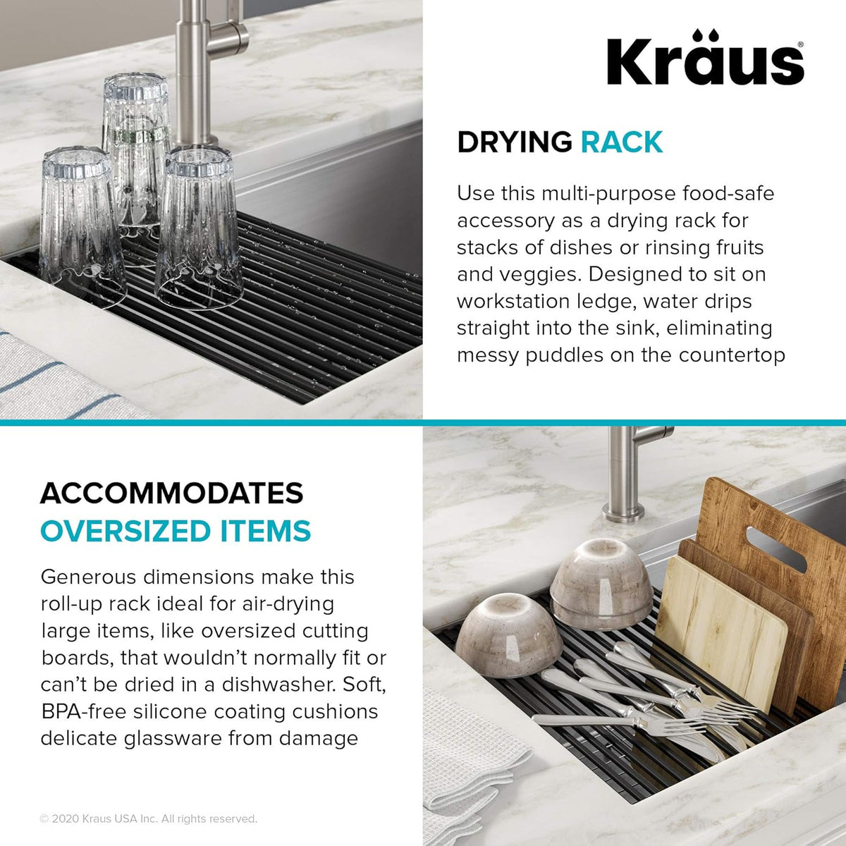 Kraus Multipurpose Workstation Sink Roll-Up Dish Drying Rack, Colander and Trivet in Dark Grey, KRM-11DG