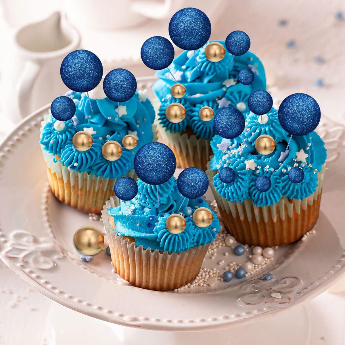 108 Pcs Balls Cake Topper DIY Cupcake Insert Foam Balloons for Cake Baking Wedding Anniversary Birthday Decoration(Bright Blue, Gold,Multi Sizes)