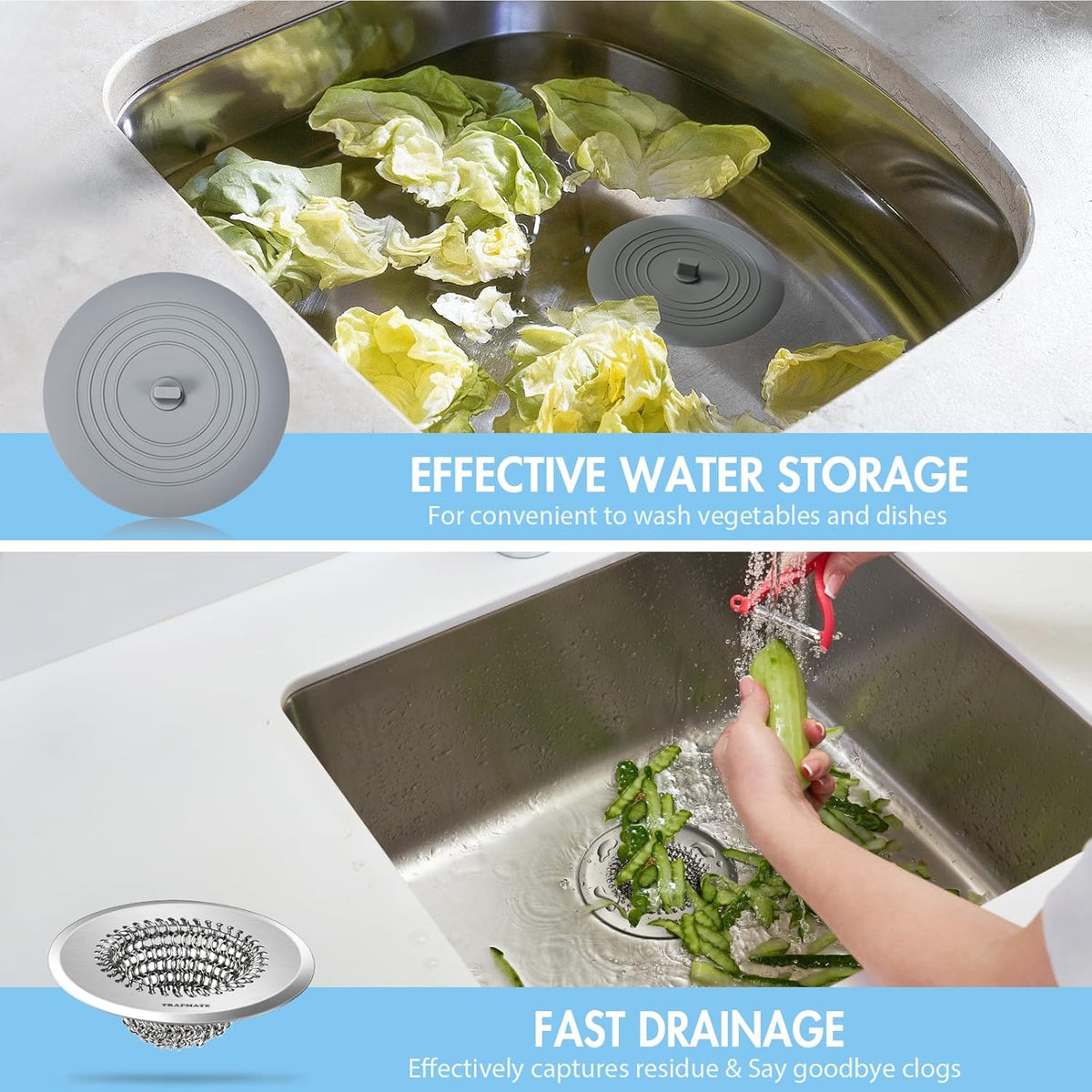 TRAPMATE Sink Drain Strainer, Easy Clean Kitchen Sink Strainer with Stopper, 304 Stainless Steel Sink Strainer Basket, Revolutionary Drain Stopper Kitchen Sink, Garbage Disposal Strainer for US Drain