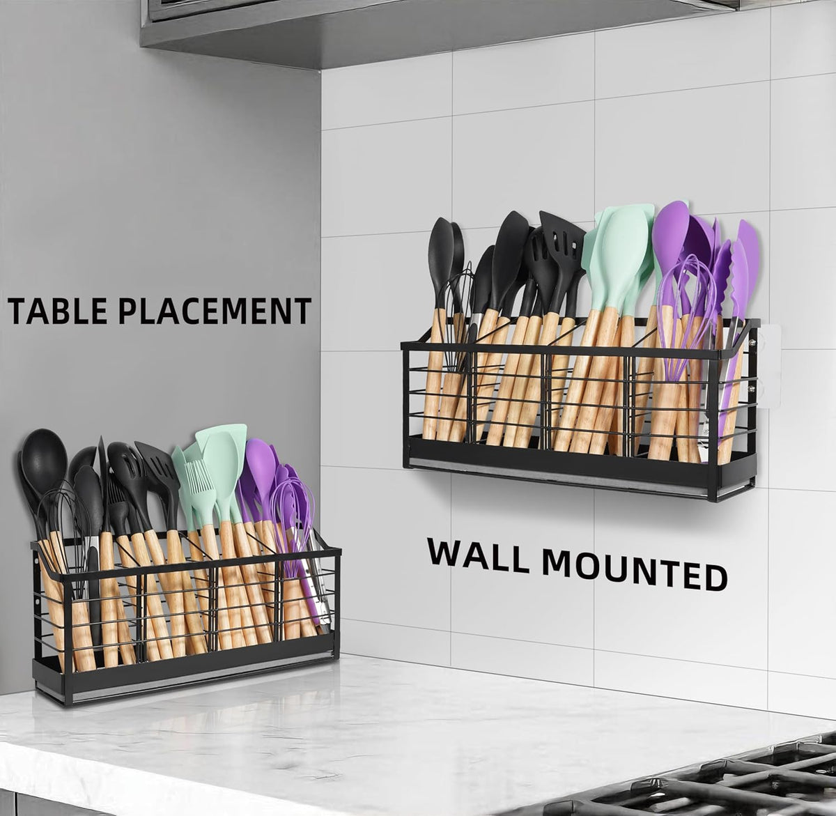Large Kitchen Utensil Holder with Diatomite Base – Wall-Mountable Utensil Caddy with 4 Compartments – Fast-Drying Matte Black Utensil Organizer for Kitchen Countertop or Wall