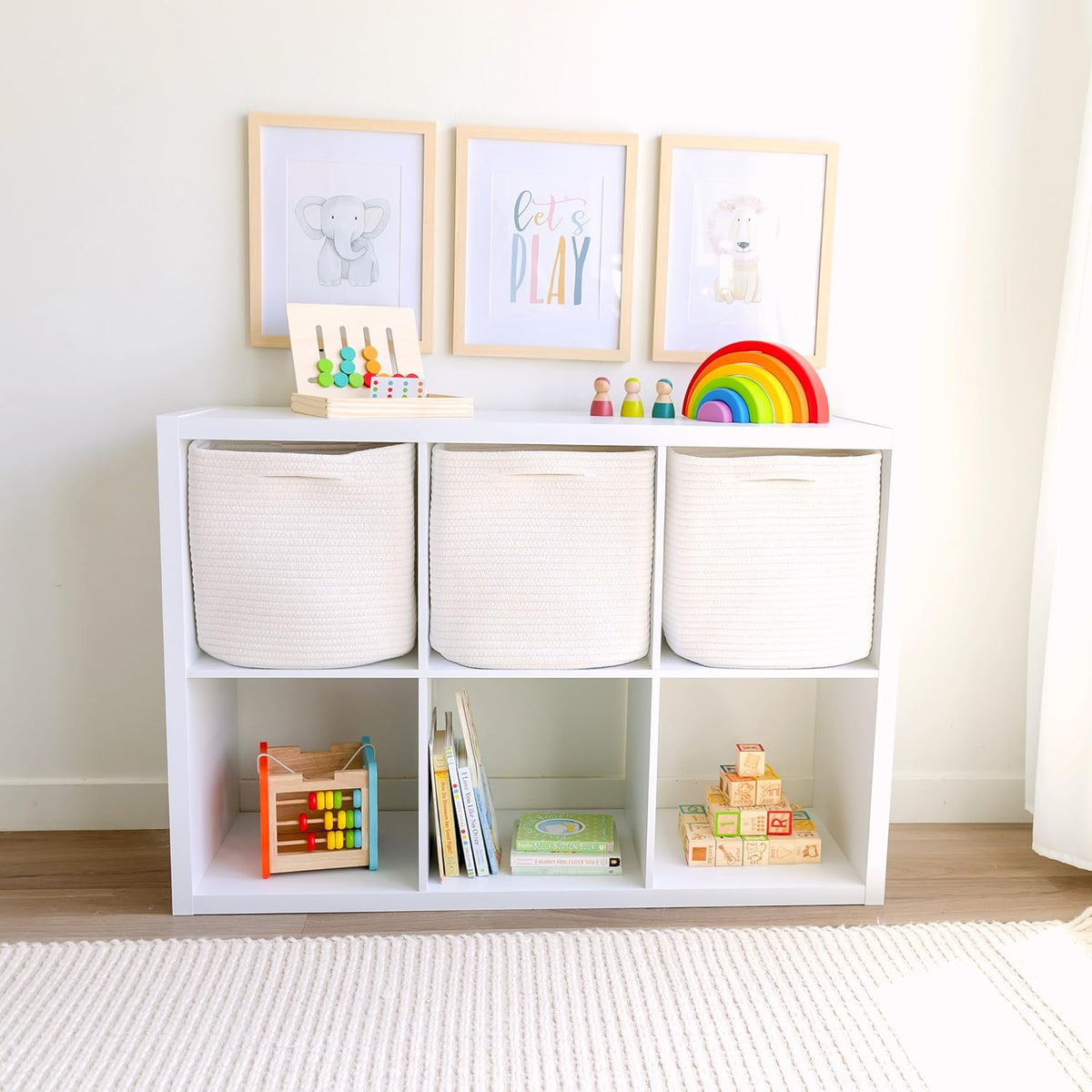NaturalCozy 13 Inch Cube Storage Bins Cotton Rope Woven Baskets for Organizing 3-Pack | 13 x 13 Storage Cubes | Fabric Square Storage Baskets for Shelves Organizer, Kids Toy Bins, Closet Baby Nursery